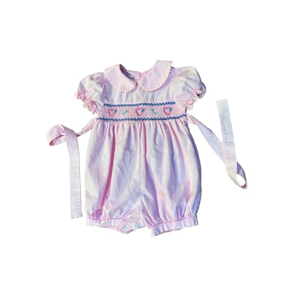 Vintage Allison Ann 24M Pink Smocked Bubble Romper Hearts Flowers Used View 3