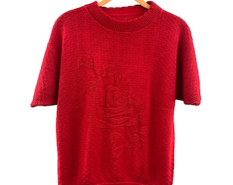 Vintage Red Sweater Womens S? Used Short Sleeve Textured Red on Red Rose