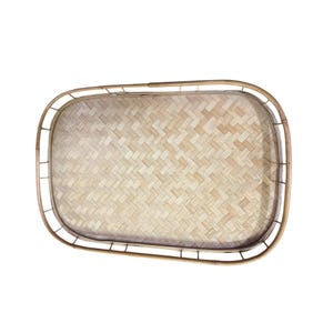 May include: Rectangular bamboo serving tray with woven pattern. The tray has a light brown color and a rounded frame. The tray is designed for serving food or drinks.