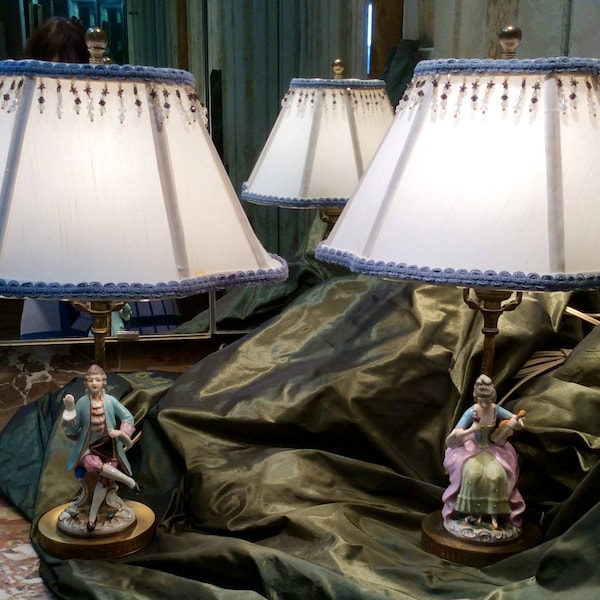 Vintage Small Pair of Electric Boudoir Lamps with Porcelain Musical Courting Couple  in 18th Century Costume on Stamped Brass Pedestals