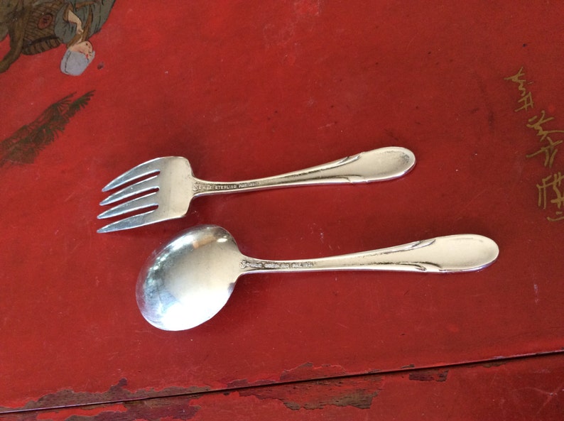 Towle Sterling Silver Art Deco Design Child's Fork and Spoon Set, circa 1930, Hand Engraved Judith Ann image 3