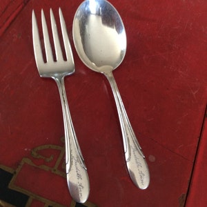 Towle Sterling Silver Art Deco Design Child's Fork and Spoon Set, circa 1930, Hand Engraved Judith Ann image 5