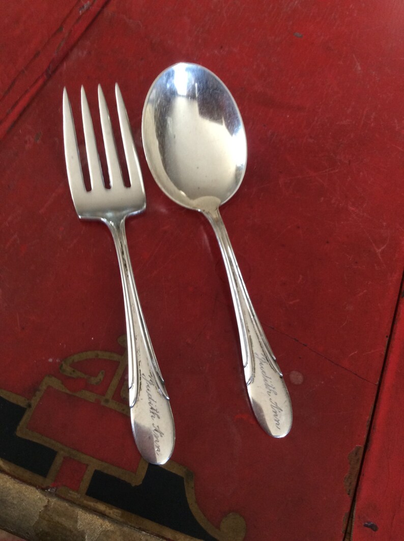 Towle Sterling Silver Art Deco Design Child's Fork and Spoon Set, circa 1930, Hand Engraved Judith Ann image 5