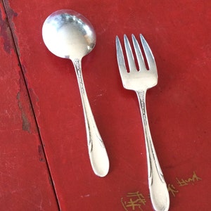 Towle Sterling Silver Art Deco Design Child's Fork and Spoon Set, circa 1930, Hand Engraved Judith Ann image 2