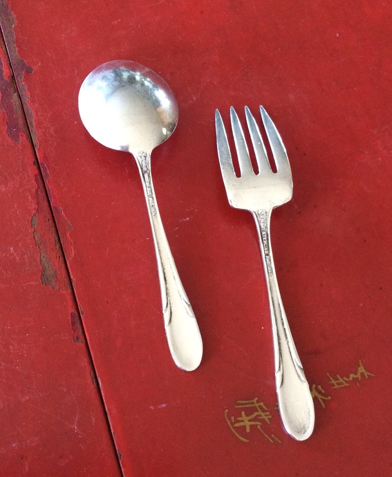 Towle Sterling Silver Art Deco Design Child's Fork and Spoon Set, circa 1930, Hand Engraved Judith Ann image 2