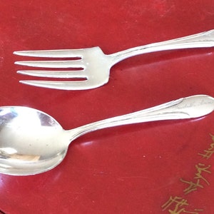 Towle Sterling Silver Art Deco Design Child's Fork and Spoon Set, circa 1930, Hand Engraved Judith Ann image 1