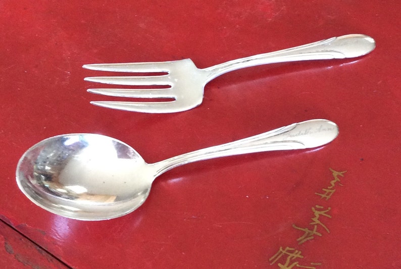 Towle Sterling Silver Art Deco Design Child's Fork and Spoon Set, circa 1930, Hand Engraved Judith Ann image 1