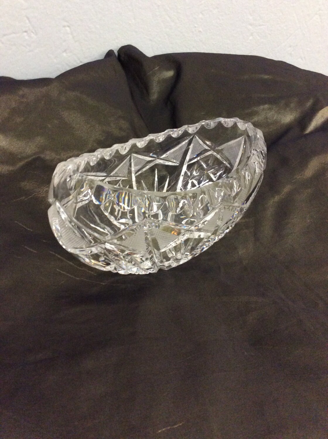 Handcut Lead Crystal Bowl in Boat or Canoeshape From First Half of