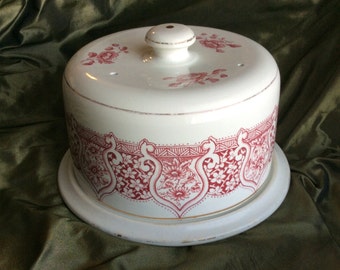 Antique Cheese Keeper Consisting of Dome and Serving Platter from Aesthetic Movement Transfer and Hand  Decorated English Staffordshire