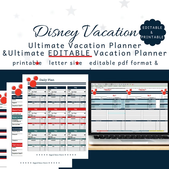 Disney World Editable Excel Planner and Editable PDF in Blue | Etsy