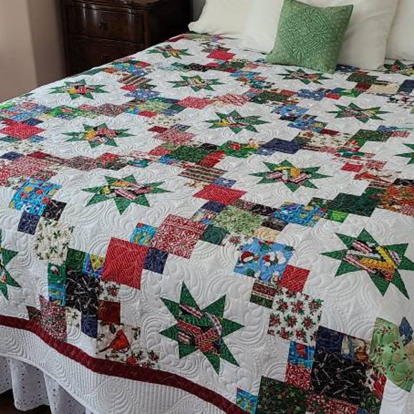 New Homemade Queen Size Scrappy Christmas Irish Chain Star Quilt//Custom Quilted//Reversible