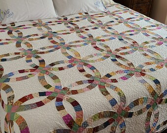 New Homemade Queen Size Scrappy Double Wedding Ring Quilt with Custom Quilting