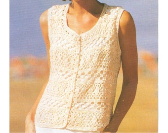 Crochet Pattern for Lace Vest or Sleeveless Top - *PDF Instant Digital Pattern** Women's Summer Lacy Button-Front Sleeveless Top