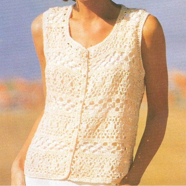 Crochet Pattern for Lace Vest or Sleeveless Top - *PDF Instant Digital Pattern** Women's Summer Lacy Button-Front Sleeveless Top