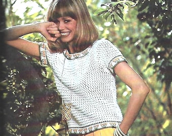 Crochet Pattern for Flower Border Top - *PDF Instant Digital Pattern** Women's Summer Lacy Short-Sleeve Top with Flower Borders