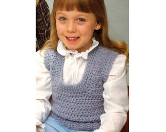 Crochet Pattern For Child's Sweater Vest - PDF Instant Pattern Download - Sleeveless U-Neck Sweater Vest - Toddler's and Kid's Sizes 4-14