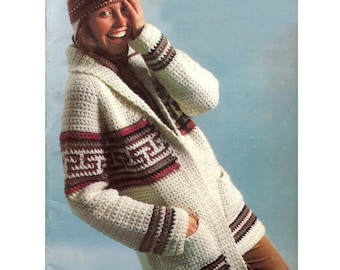 Crochet PATTERN For Shawl-Collared Wrap Style Cardigan Sweater-Boho Style  with Matching Cute Earflap Hat ** Instant Download PDF Pattern **
