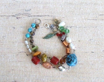 Southwest Dream Beaded Bracelet, Turquoise Nugget, Coral, Silver, Copper, Pearls, Tigers Eye, Crystal Beads, Boho - Sundance - Free Shipping