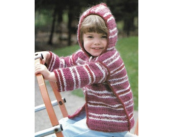 Crochet Pattern For Child's Hooded Sweater - PDF Instant Pattern Download - Long Sleeved Cardigan Sweater - Toddler's and Kid's Sizes 2 - 7