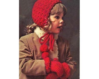 Crochet Pattern For Girl's Hat and Mitten Set - PDF Instant Pattern Download - Red Girl's Hat and Mittens Crochet Pattern