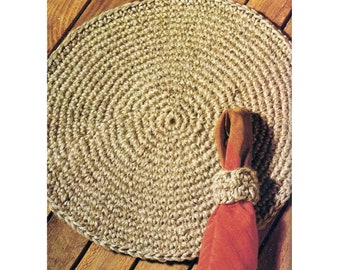 Crochet Pattern For Round Jute  Place Mat, *PDF Digital Instant Download*  Quick and Easy Pattern for Round Jute Place Mat and Napkin Rings