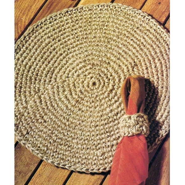 Crochet Pattern For Round Jute  Place Mat, *PDF Digital Instant Download*  Quick and Easy Pattern for Round Jute Place Mat and Napkin Rings