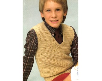 Crochet Pattern For Boy's or Girl's V-Neck Sweater Vest - PDF Instant Download - Sleeveless Pullover, Sizes 4 - 14