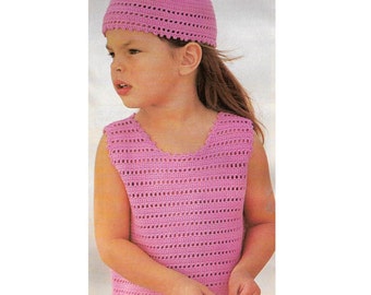 Crochet Pattern For Girl's Top - PDF Instant Pattern Download - Sleeveless Crocheted Girl's Top & Hat - For Girl's  2 - 8 Years Old