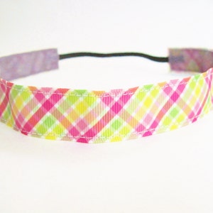 Non-slip Pink Plaid Running Headband, Pink Green and Yellow Workout Headband, Pink Running Headband