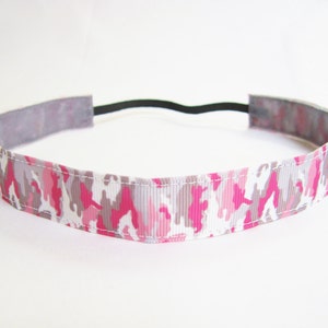 Non-slip Pink Camo Running Headband, Pink Camoflage Workout Headband, Pink and Gray Running Headband
