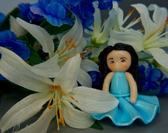 Blue Chibi Polymer Clay Figurine, Clay Figurine, Floral Decor, Clay Decor, Desk Decor, Handmade Figurine, Handmade Decor