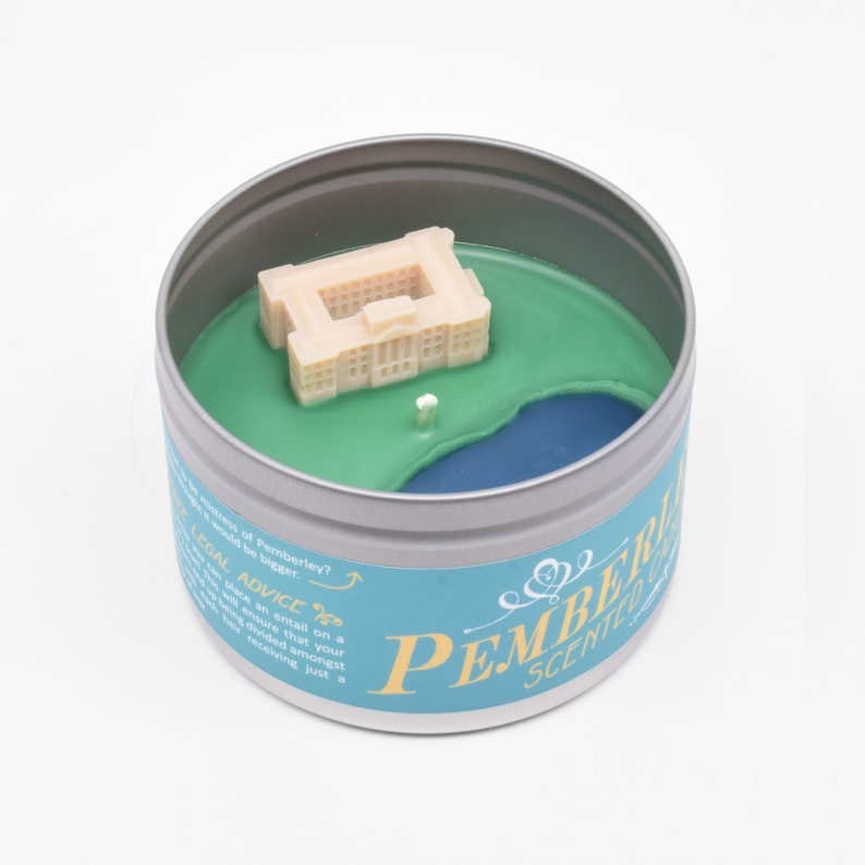 The Pemberley Scented Candles was inspired by the Jane Austen novel Pride and Prejudice. Each candle features a tiny wax replica of Pemberley on its surface.