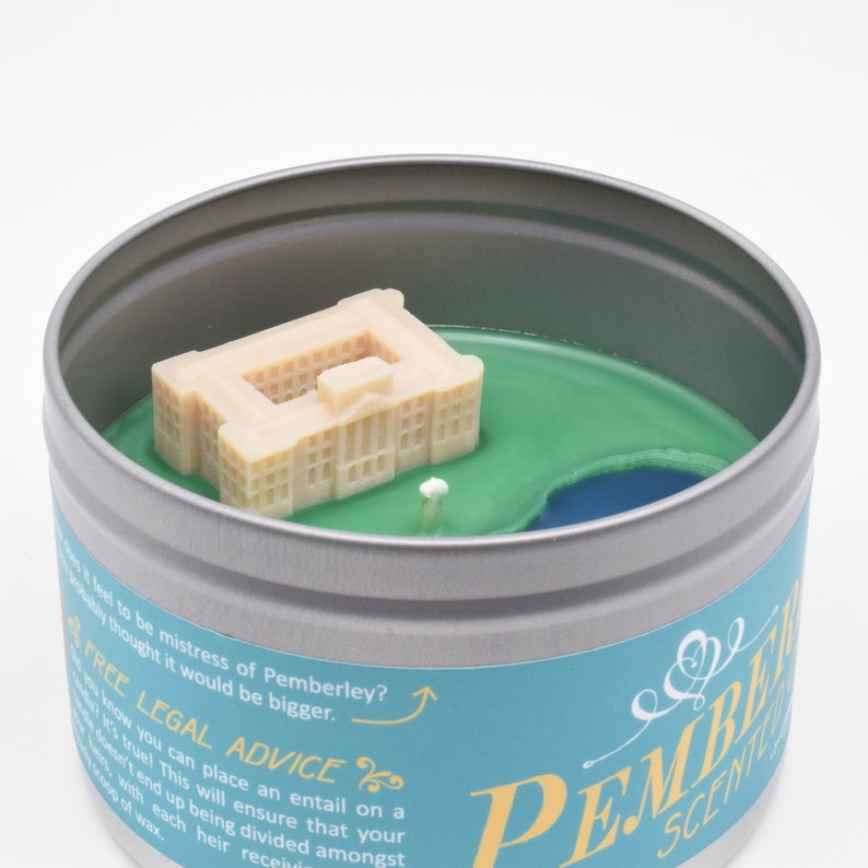 The Pemberley Scented Candles was inspired by the Jane Austen novel Pride and Prejudice. Each candle features a tiny wax replica of Pemberley on its surface.