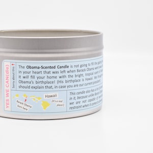 The candle label also includes a map of Hawaii if you are confused about where Barack Obama was born.