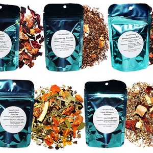 Tea Sampler, 5 of Fruit Teas and Rooibos, Decaffeinated, Peach Tea, Blueberry Tea, Orange Tea, Love Whispers Rooibos, Loose Leaf Tea