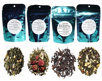 Tea Sampler, 4 Green Teas, Caffeinated, Wuyi Oolong Tea, Raspberry Blackberry Tea, Peach Oolong, Orange Oolong, Loose Leaf Tea