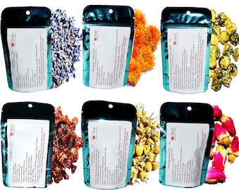 Tea Sampler, 6 Flower Herbal Teas, Decaffeinated, Chrysanthemum, Marigold, Lavender, Chamomile, Red Rose, and Rose Hips, Loose Leaf Tea