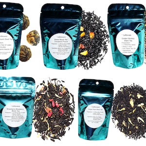 5 Black Tea Samplers, Caffeinated, Sweet Black Tea, Dragon Pearls Tea, Golden Monkey, Ginger Peach Tea, Strawberry Blueberry Tea, Assam Tea