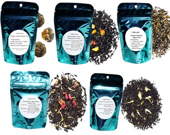 5 Black Tea Samplers, Caffeinated, Sweet Black Tea, Dragon Pearls Tea, Golden Monkey, Ginger Peach Tea, Strawberry Blueberry Tea, Assam Tea