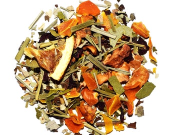 May include: A mix of dried fruit and herbs for tea. The mix includes orange peel, dried apple, dried apricot, and green tea leaves.