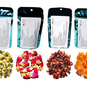 Tea Sampler, 4 Flower Herbal Teas, Decaffeinated, Chrysanthemum, Marigold, Red Rose, and Rose Hips, Loose Leaf Tea