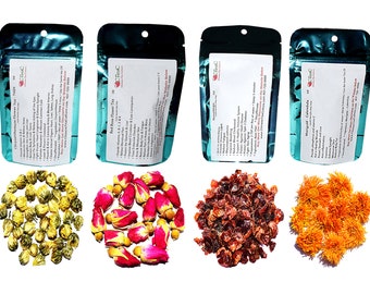 Tea Sampler, 4 Flower Herbal Teas, Decaffeinated, Chrysanthemum, Marigold, Red Rose, and Rose Hips, Loose Leaf Tea