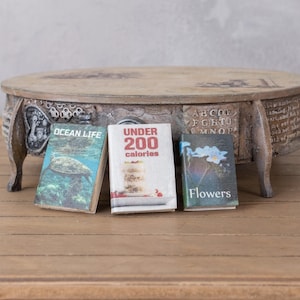Könnte beinhalten: Drei Miniaturbücher mit den Titeln "Ocean Life", "Under 200 Calories" und "Flowers" stehen auf einem kleinen, runden Holztisch. Der Tisch hat geschnitzte Details und dekorative Beine. Die Bücher stehen aufrecht.