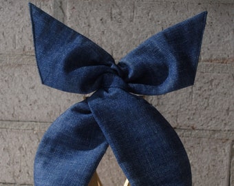 Wire Headband - Plain Slub Denim Navy Blue - 100% Cotton Fabric Women Hairband Bunny Ears Retro Boho Bow Twist - Stylish!