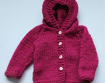 Chunky baby / kid's cardigan / jacket with hood knitting pattern in English and Danish - sizes 1 - 24 months