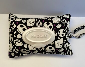 Portrait Nightmare before Christmas Print Diaper and Wipe Zippered Pouch Clutch with Oval Opening and Detachable Lanyard