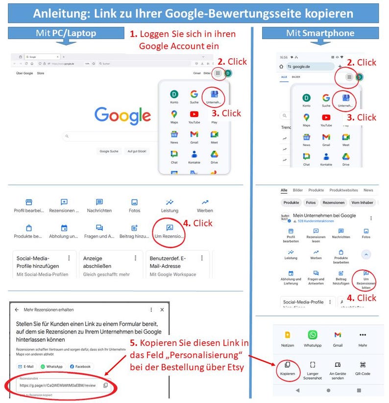 Może przedstawiać: Zrzut ekranu z komputera z instrukcjami, jak skopiować link do strony z recenzjami Google. Instrukcje są w języku niemieckim i zawierają link do strony z recenzjami Google. Link jest podświetlony na niebiesko.