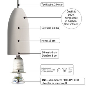 May include: A white fabric lampshade with a black cord and a GU10 light bulb. The lampshade is 16 inches tall and 6 inches in diameter. The lampshade is included with a dimmable Philips LED bulb in warm white.