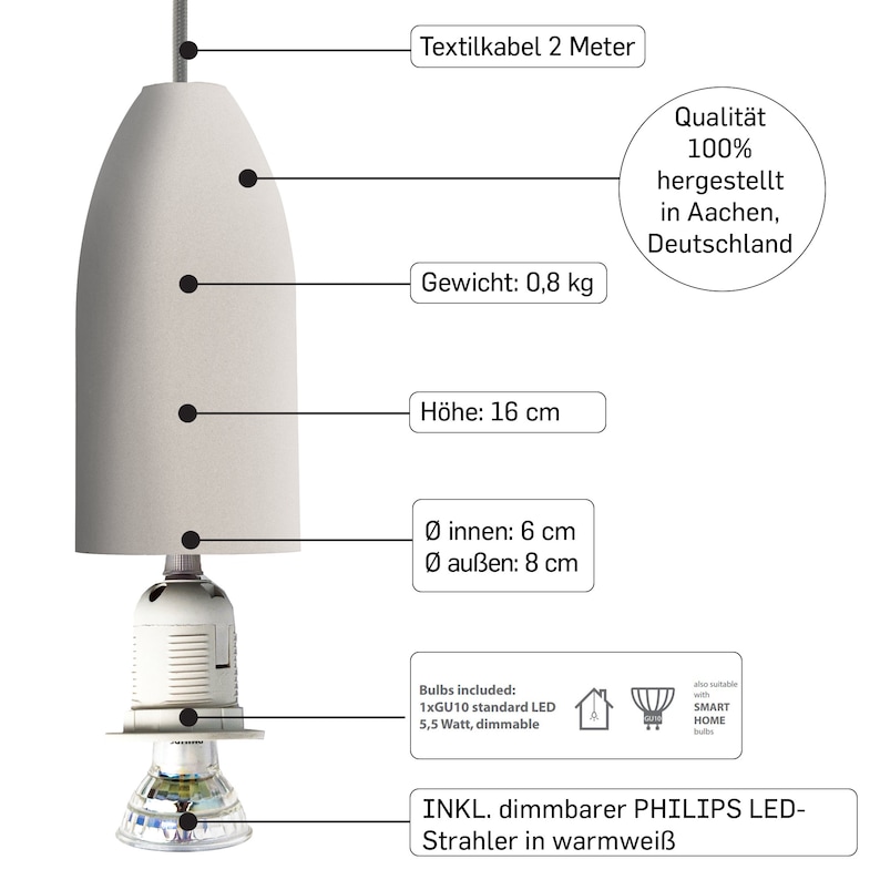 May include: A white fabric lampshade with a black cord and a GU10 light bulb. The lampshade is 16 inches tall and 6 inches in diameter. The lampshade is included with a dimmable Philips LED bulb in warm white.