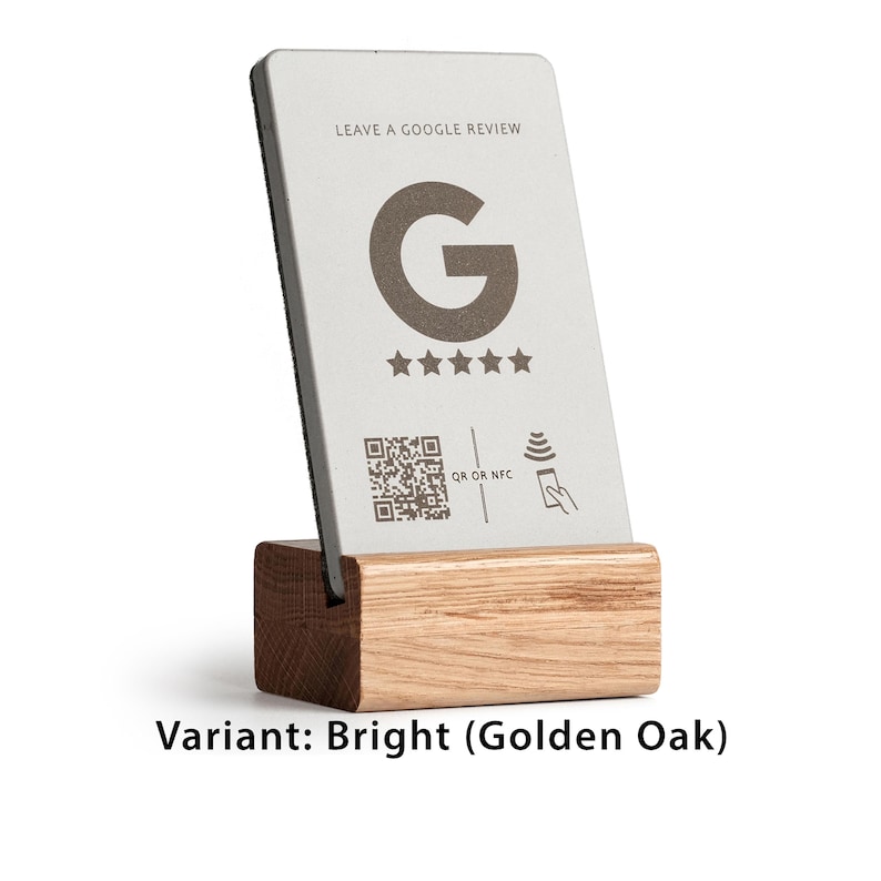 Podstawka NFC z recenzjami Google i kodem QR, wyświetlacz recenzji Google, stół, lada, znak recenzji Google, wyświetlacz kodu QR recenzji Google Hell (Golden Oak)
